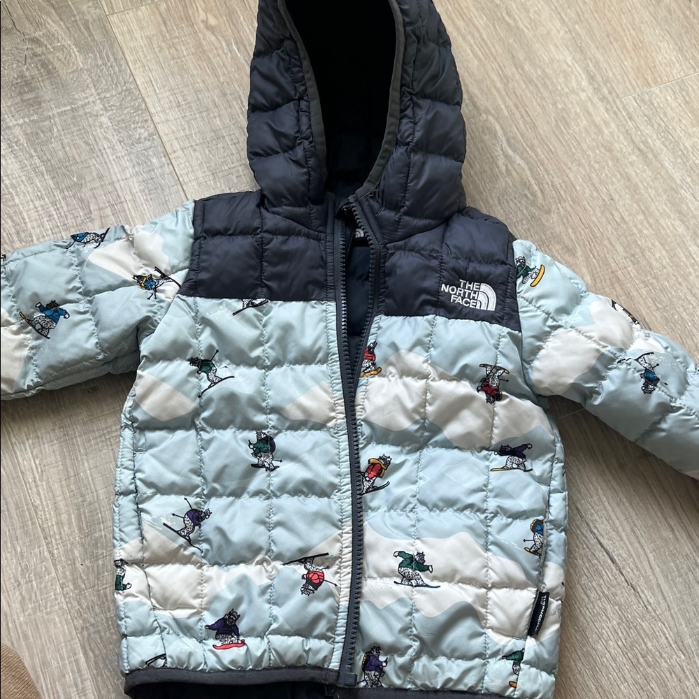 The North Face Light Blue and Black Ski Print Puffer Jacket